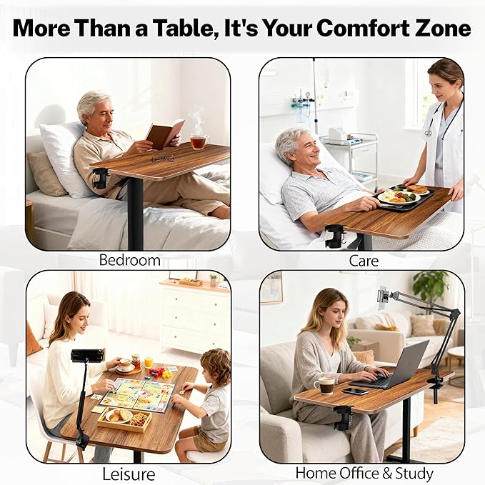 Adjustable Overbed Bedside Table with Wheels(31.2" W), Hospital Bed Table Over The Bed, Mobile Standing Desk Rolling Computer Cart, Laptop Desk with Cup Holder, Phone & Tablet Holder