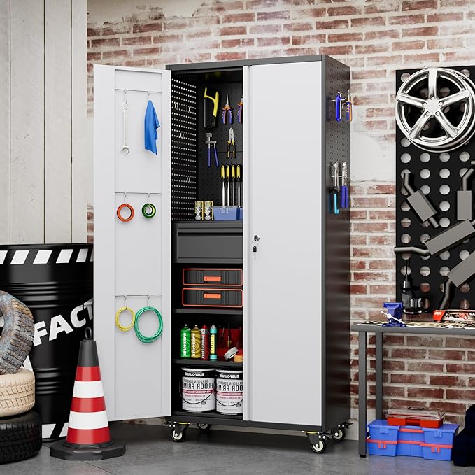 Aobabo Garage Storage Cabinet with Wheels and 1 Interior Drawer, 71"H Metal Rolling Tool Cabinet with 16 Hooks and 2 Adjustable Shelves for Garage, Home, Office, Kitchen, Assembly Required, Black Gray