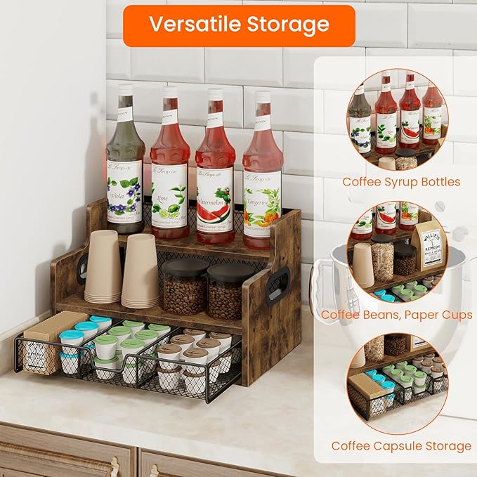 Homode Coffee Syrup Rack Organizer, 3-Tier 8 Bottles Syrup Holder Stand with 35 K Cup Storage Basket Drawer for Coffee Bar, Wood Liquor Shelf Wine Rack Countertop for Home, Rustic Brown