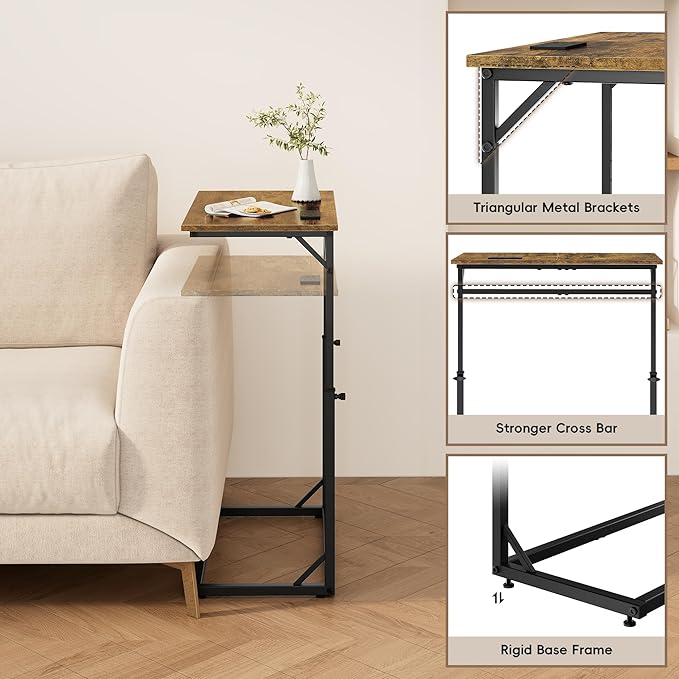Vagusicc C Shaped End Table with Charging Station, Large C-Table End Table Adjustable Height Side Table for Couch, Couch Table Slide Under Sofa Table TV Tray Table for Sofa, Living Room, Bedroom,Brown