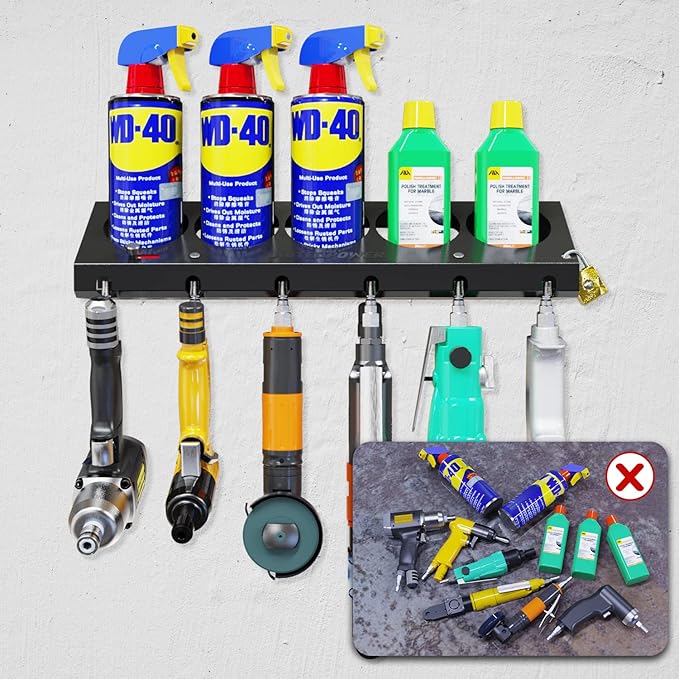 UNITEDPOWER Pneumatic Tool Holder Lockable/Aerosol Rack Combo, Wall Mounted Spray Can Bottle Holder, Air tool organizer, for Garage and Workspace, 5 Cans and 6 slots