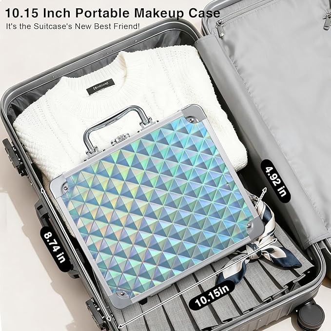 Makeup Case with Magnetic LED Mirror Travel Cosmetic Organizer Portable Makeup Box with Lighted Up Mirror Make Up Vanity Nail Box Lipstick Artist Storage with Lockable Dividers Brush Holder Shiny Blue