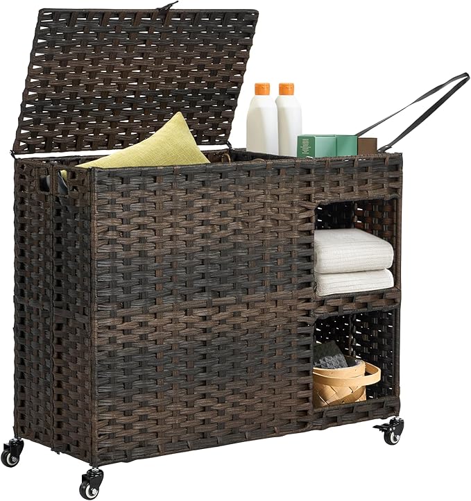 Laundry Hamper with Wheels, 42.3 Gal.(160 L) Laundry Sorter with Shelves, Rattan Clothes Hamper with 4 Removable Liners & 3 Mesh Bags, Handwoven Organizer for bedroom, bathroom, laundry room, Brown