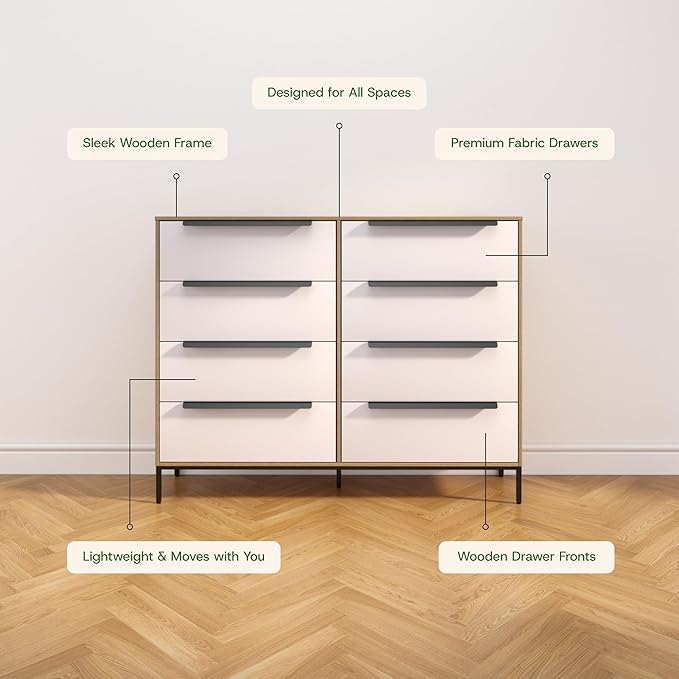 Lira Premium Fabric Dresser - Solid Wooden Frame, 8 Spacious Sag-Proof Drawers with Sleek Metal Handles - Premium & Durable Storage Solution for Your Home (Light Brown)