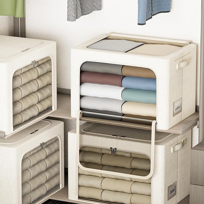4 Pack Clothes Storage Bins with Metal Frame - 66L Stackable Storage Box with Lid，Foldable Storage Container Organizer for Clothes，Linen Fabric Storage Box with Clear Window＆Zippers＆Handles