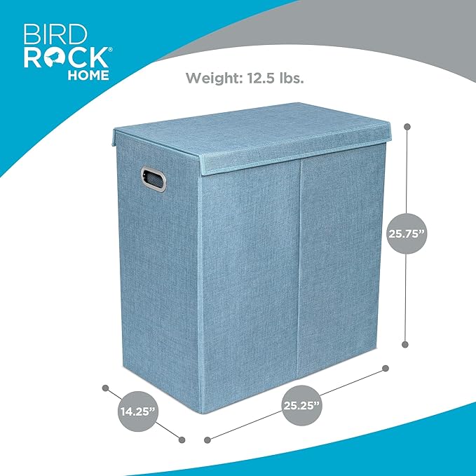 BIRDROCK HOME Laundry Hamper with Lid | Removable Bags for Sorting Clothes | Sectioned Laundry Basket for Bedroom & Bathroom | Collapsible Storage Bin with Cover | Double, Light Blue