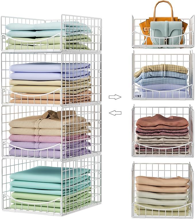 4-Tier Stackable Closet Organizers and Storage Shelves, Foldable & Mutifunctional Clothes Storage Basket Sweater Organizer Bins Container for Wardrobe Bathroom, White (Patent Pending)