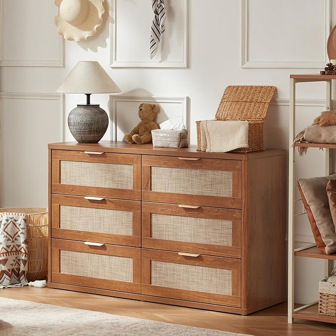 LEYAOYAO Rattan Dresser for Bedroom Set of 2, Boho 48" Wide 6 Drawer Dresser Chest of Drawers, Wood Dressers TV Stand with Metal Handle, Storage Dressers Closet Organizer for Living Room, Hallway