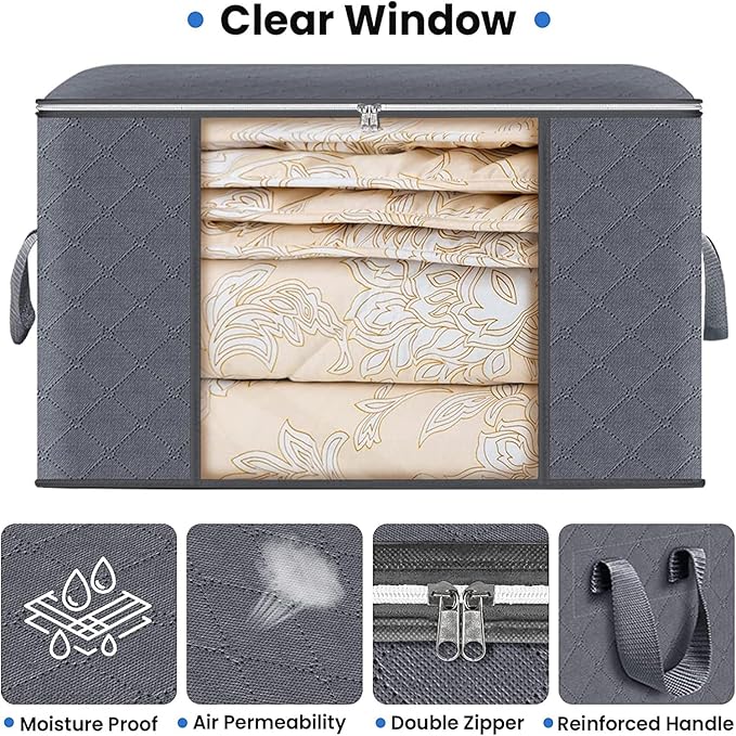 Large Clothes Storage Bags 8 Pack, Foldable Closet Organizers with Durable Breathable Fabric & Clear Window for Blankets, Comforters, Pillows, Bed Sheets, Toys & Seasonal Clothing (Gray)