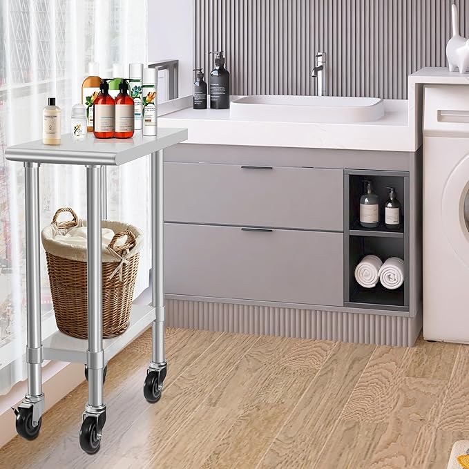 HARDURA Stainless Steel Commercial Table Prep & Work Table with Casters Heavy Duty Metal Table with Wheels NSF 430 30×12 Inches