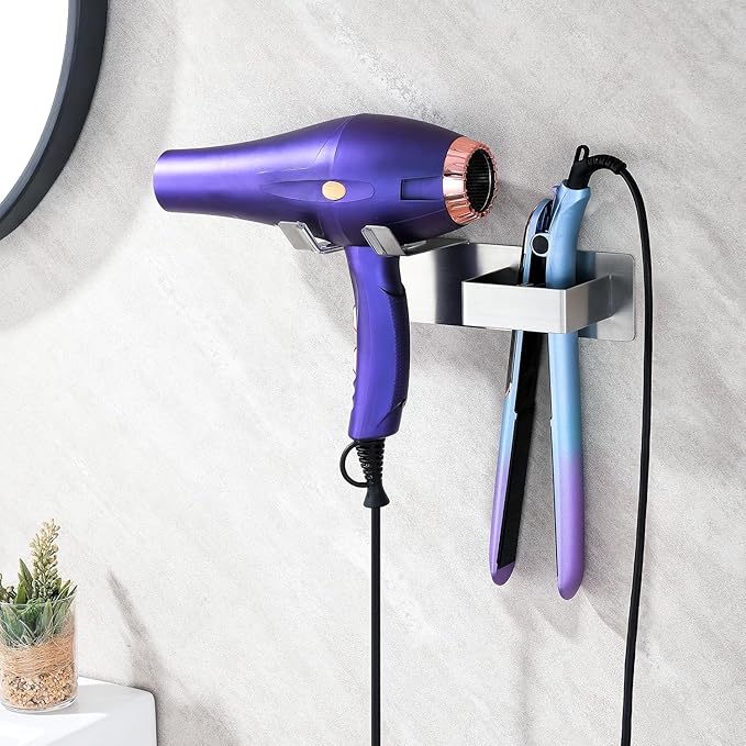 Hair Dryer and Straightener Holder, Upgraded Hair Straightener Holder with Cable Hook, Stainless Steel Universal Hairdryer Holder Wall Mounted Waterproof for Bathroom Space-Saving Silver PTALSEAW