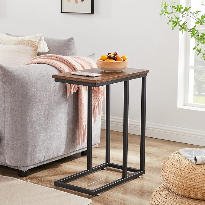 VECELO C Shaped End Side Table for Sofa Couch and Bed Snack TV Tray for Living Room Bedroom, 1 PCS Brown