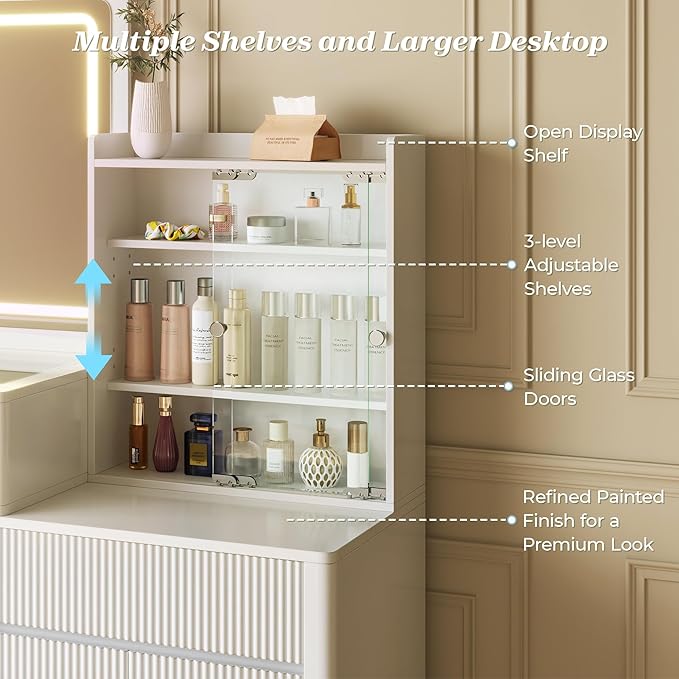 PRAISUN 55'' Large Makeup Vanity Desk with 35.4'' LED Mirror & Power Outlets, Painted Surface White Vanity with Glass Top, 3 Drawers and Cabinet, Fluted Big Vanity Table