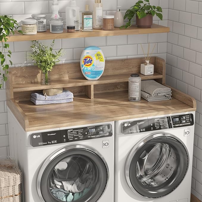 2-Tier Washer Dryer Countertop with 2.75" H Edge Rails, 54" W x 27.55" D Laundry Countertop for Folding Clothes, Washer and Dryer Topper with Non-Slip Pad (White Oak)