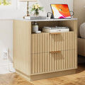 Large Fluted Night Stand with Charging Station, 23" Modern End Table with Faux Marble Top, 2 Drawers Nightstand with Storage, Side Table for Bedroom Living Room,Curved Profile(Natural Oak)