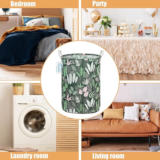 LANGYASHAN Laundry Basket Canvas Fabric Collapsible Organizer Basket for Storage Bin Toy Bins Gift Baskets Bedroom Clothes Children Nursery Hamper (Round Leaf)