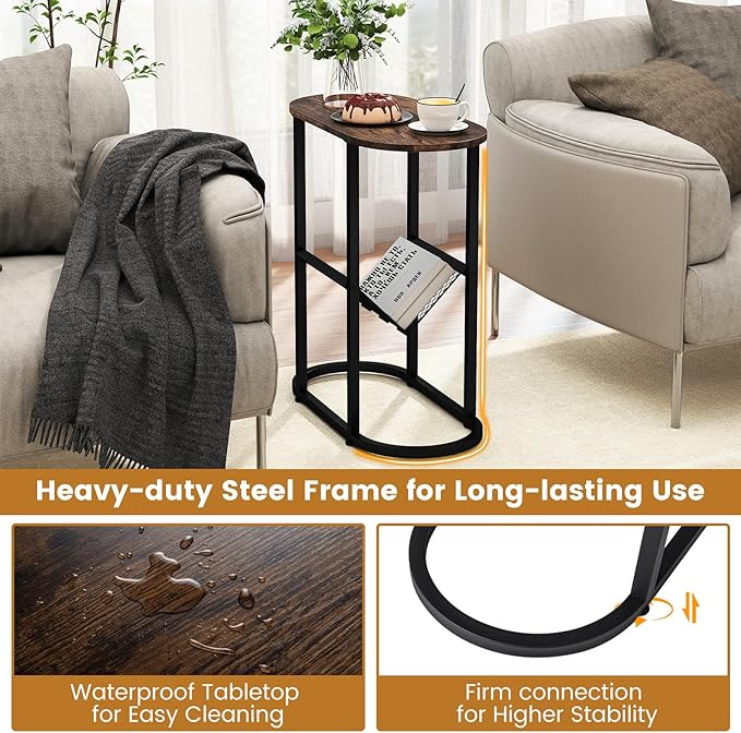 Tangkula Oval Narrow Side Table, 2-Tier End Table w/Mesh Magazine Rack, Steel Frame, Industrial Nightstand, Compact Sofa Bedside Table for Living Room Bedroom, Rustic Brown & Black