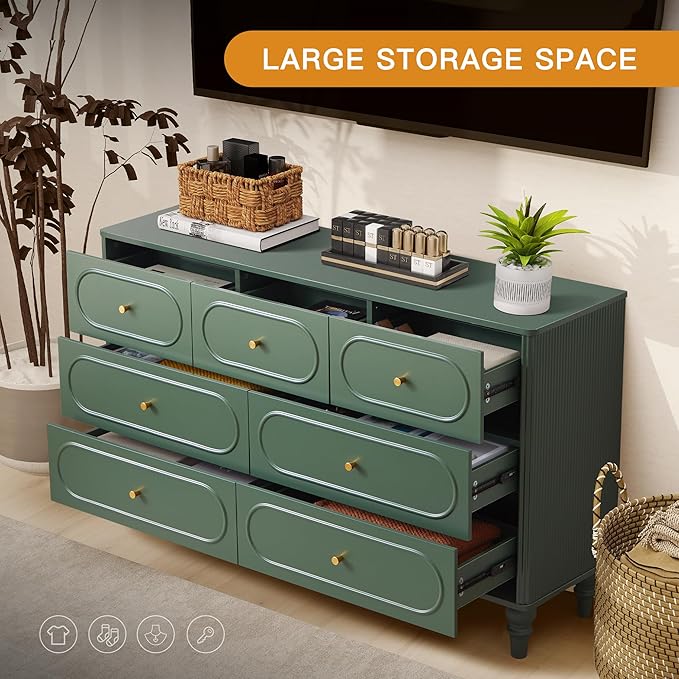 Fluted 7 Drawer Dresser for Bedroom, Modern Mid Century Chest of Drawers, Wood Storage Large Dresser Organizer for Bedroom Living Room Closet Hallway, Green