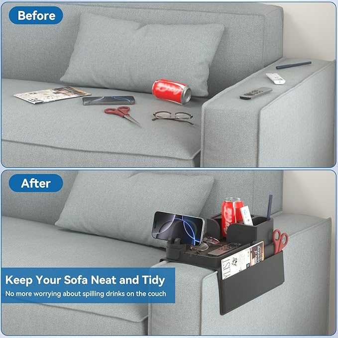 Couch Arm Cup Holder CLESOO Couch Arm Tray Anti-Slip Couch Cup Holder Silicone Sofa Armrest Tray Dual Side Pocket Couch Drink Holder Sofa Caddy Arm Remote Holder Snack Caddy with Phone Holder Black