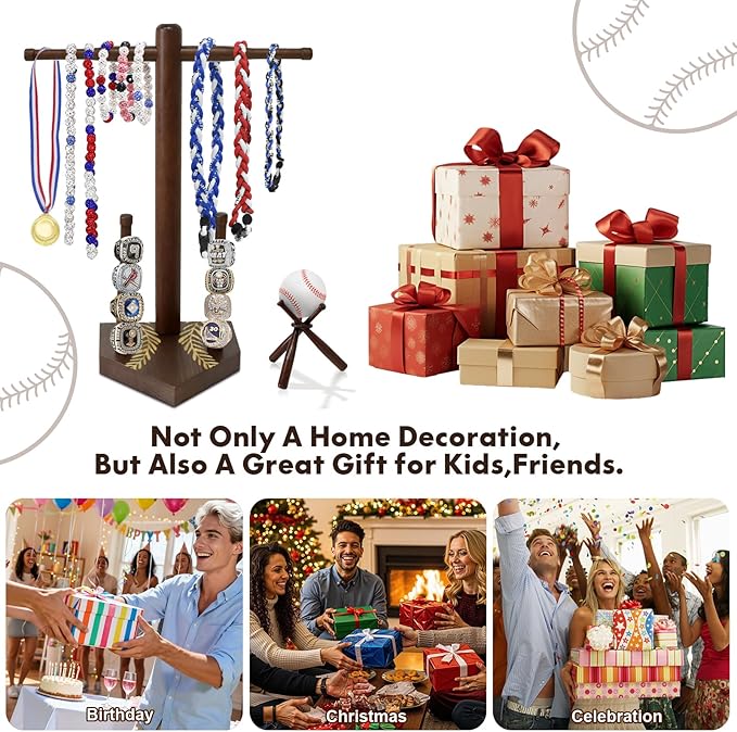Wooden Baseball Ring & Necklace Holder – Championship Rings Display Stand for Softball & Baseball, Sports Ring Organizer Holder Gift for Players & Fans
