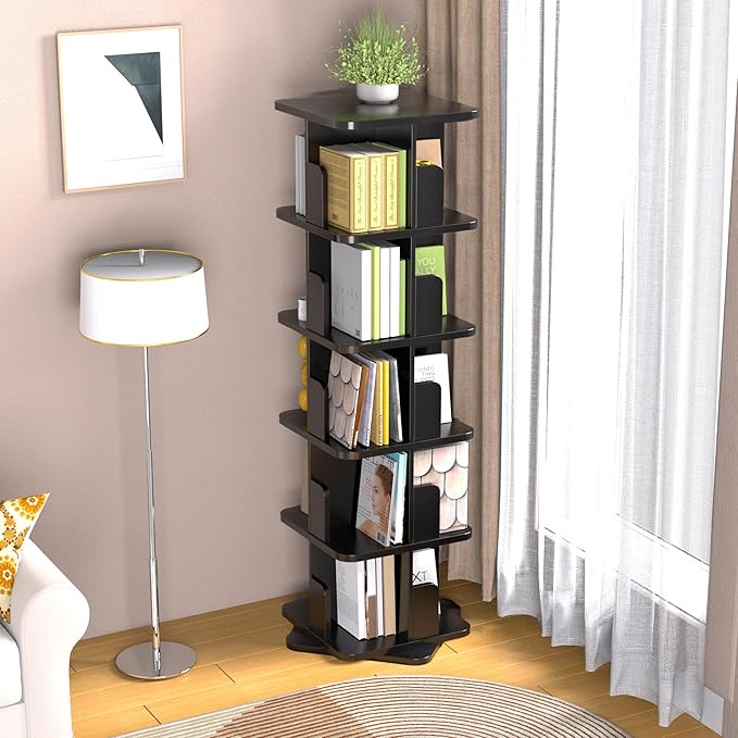 MHOM Black Rotating Bookshelf, 360 Display 5 Tier Rotating Bookshelf Tower, Floor Standing Revolving Bookcase, Wooden Small Bookcase for Small Spaces, and Living Room