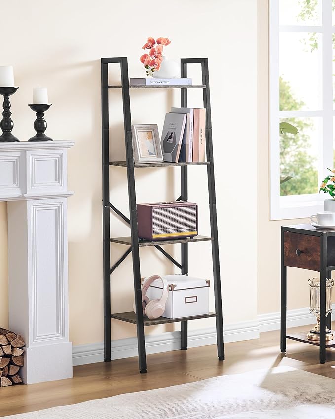 Hoctieon 4-Tier Industrial Ladder Bookshelf, Narrow Ladder Shelf, Tall Standing Bookshelf, Skinny Open Ladder Shelf, for Living Room, Home Office, Kitchen, Bedroom, Metal Frame, Greige
