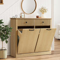 Grepatio Tilt Out Fluted Laundry Hamper Cabinet, 22 Gallon Double Hidden Laundry Hamper, Wooden Trash Can Cabinets with 2 Drawers, Modern Garbage Can Cabinet for Bathroom, Kitchen (Natural, Double)