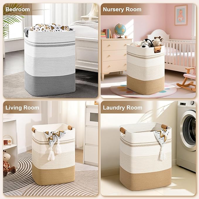 Laundry Hamper, 75L Tall Laundry Basket with Leather Handles, Rectangle Large Clothes Hamper for Organizing, Cotton Woven Laundry Baskets Storage Hampers for Bedroom, Nursery, Living Room