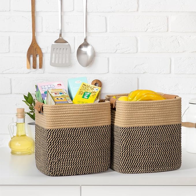 danpinera 3-Pack Cotton Rope Baskets for Storage, 11"x11" Cube Storage Cubes Store Towel, Snack, Storage Bins with Reinforced Stitching & Practical Handles, Black & Brown