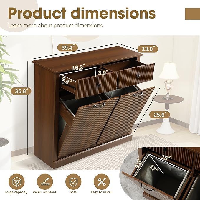 Grepatio Tilt Out Fluted Laundry Hamper Cabinet, 22 Gallon Double Hidden Laundry Hamper, Wooden Trash Can Cabinets with 2 Drawers, Modern Garbage Can Cabinet for Bathroom, Kitchen (Brown, Double)