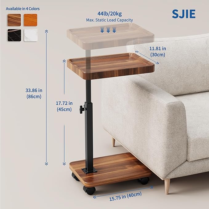 C Table End Table Adjustable Height, 360°Swivel TV Tray Table for Small Spaces, Side Tables with Wheels for Living Room and Bedroom, Bed (White)
