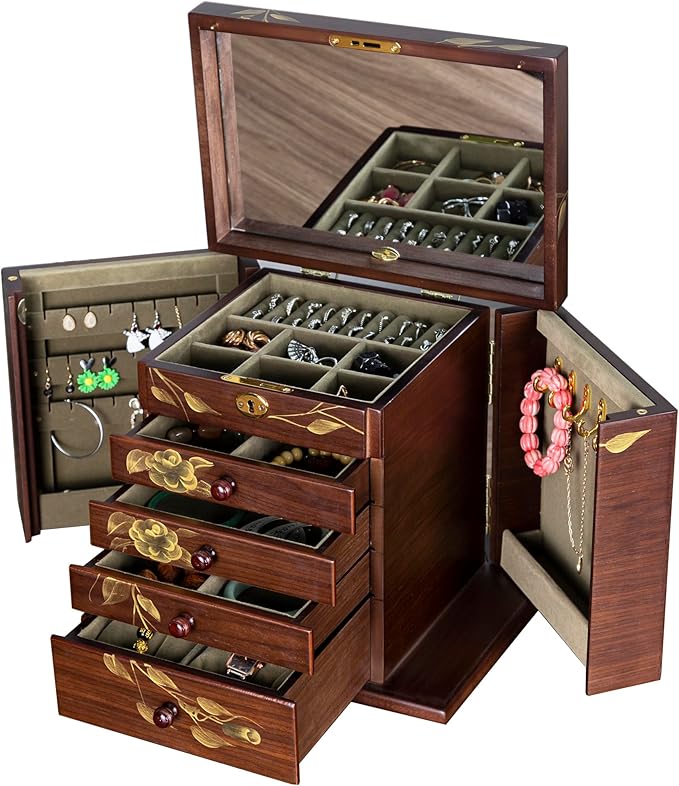 Wooden jewelry case Jewelry Box for Women Large Wood Organizer with Drawers and Mirror for Rings,Earrings, Necklaces,watches,jewelry boxes & organizers, Jewelry Boxes
