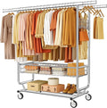 Heavy Duty Clothes Rack with Metal Basket, 720 LBS Rolling Double Rod Garment Rack, Portable Extendable Clothing Rack with Wheel for Bedroom, Laundry Room & Retail Store