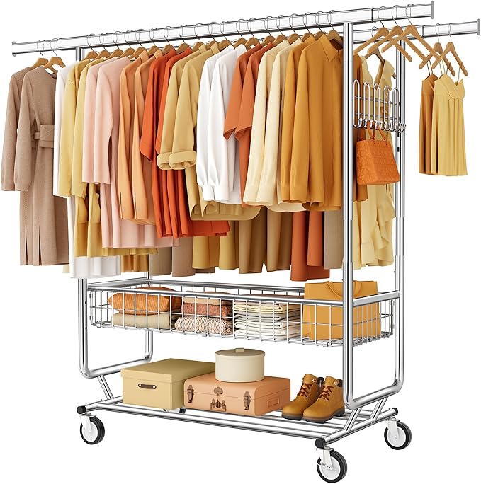 Heavy Duty Clothes Rack with Metal Basket, 720 LBS Rolling Double Rod Garment Rack, Portable Extendable Clothing Rack with Wheel for Bedroom, Laundry Room & Retail Store