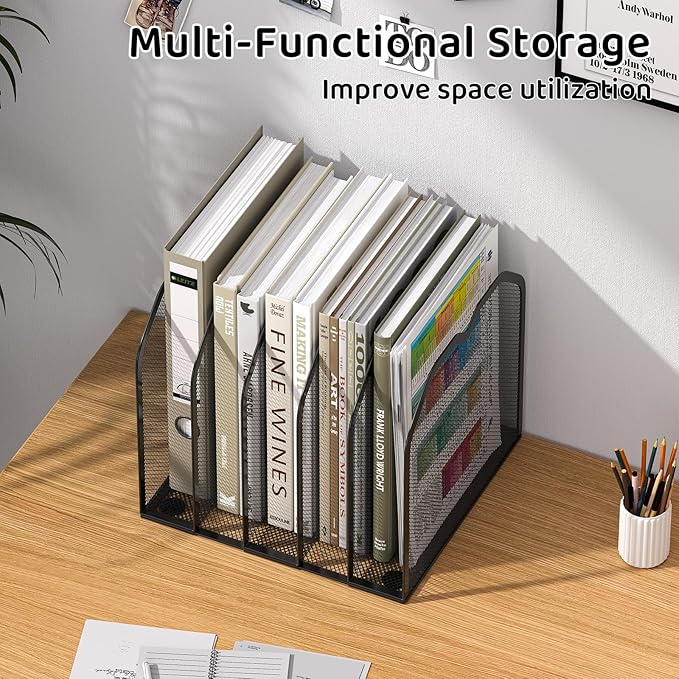 Black 5-Section File Folder Organizer for Desk – Metal Vertical File Holder, Desktop File Organizer Vertical Stand, Letter/A4 Folder Rack, Upright File Sorter