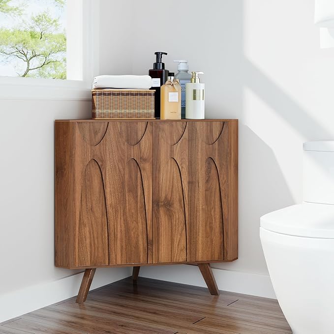 Small Corner Cabinet,Corner Floor Cabinet with Adjustable Doors and Shelve, Freestanding Narrow Storage Organizer for Kitchen Living Room Bathroom (Walnut)