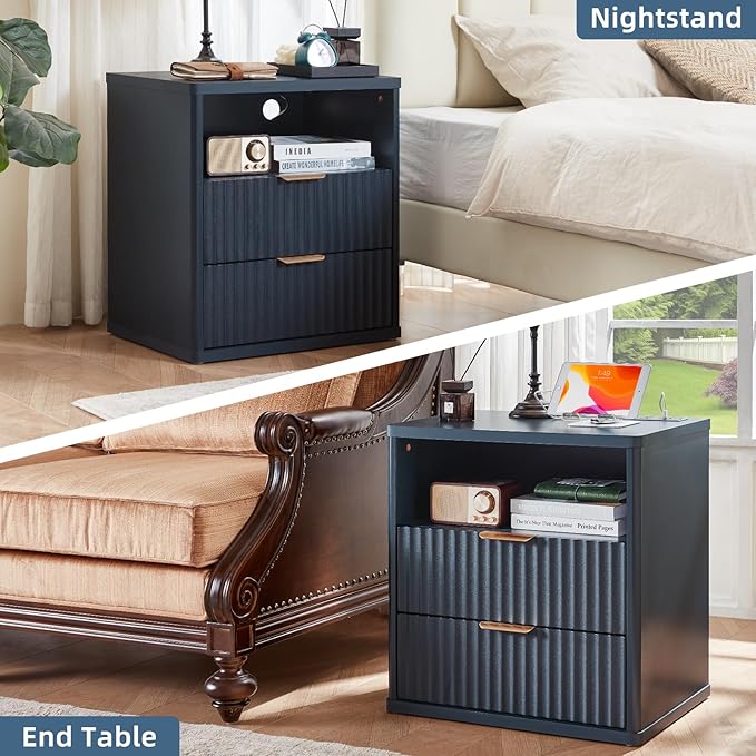 LEYAOYAO Fluted Nightstand Set of 2 with Charging Station,23" Modern Nightstand with Woodgrain Top, 2 Drawer End Table w/Storage, BedsideTables for Bedroom, Living Room, Curved Profile,Blue