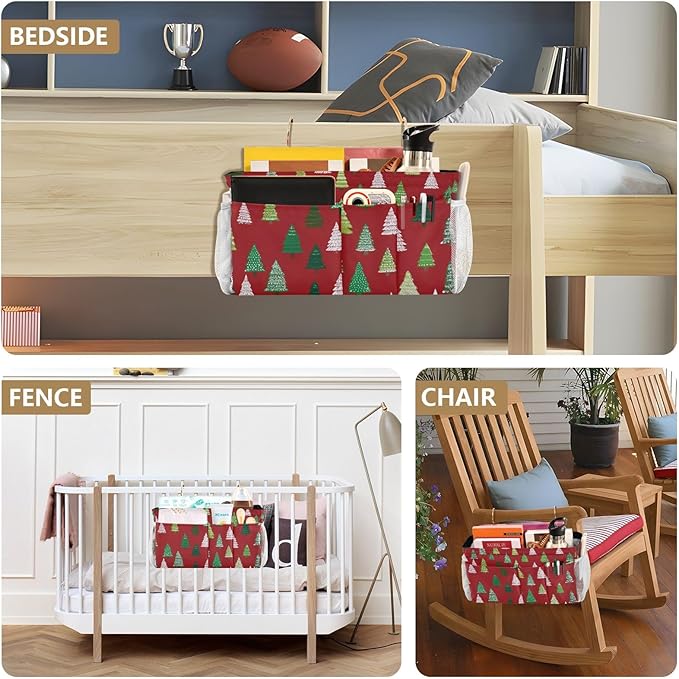 Christmas Trees White Green Bedside Caddy for Dorm Bed Bedside Hanging Caddy Bag Iron Frame Storage Organizer Pocket for Bunk Home College Hospital Beds 2 Hooks
