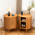 Nightstands Set of 2 & Charging Station, Fluted Accent Side Table with Sliding Door & Adjustable Shelf, Mid-Century Modern End Table for Small Space, Living Room, Bedroom (2, Yellow Walnut)