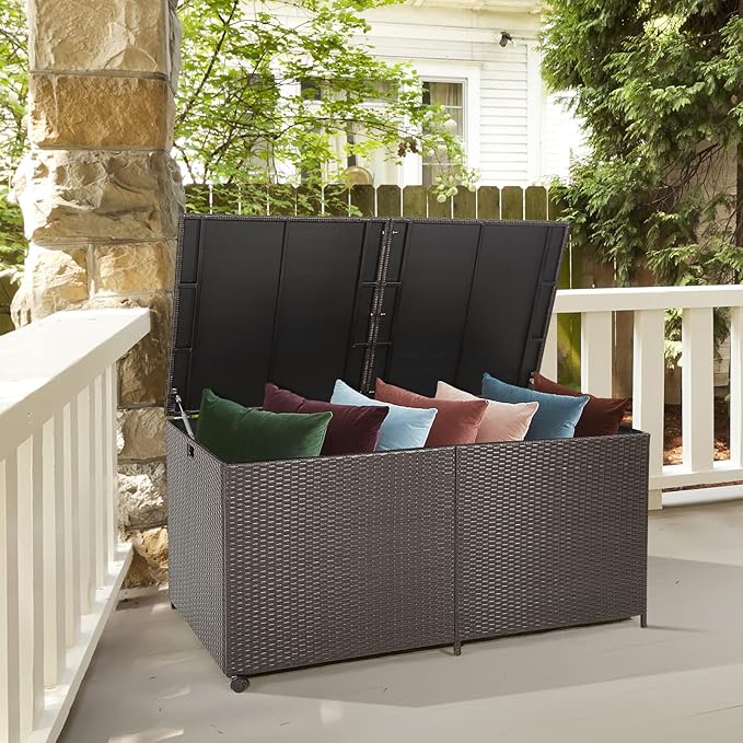 Tangkula 175 Gallon Outdoor Storage Box, Wicker Patio Deck Box with 2 Universal Wheels and Waterproof Zippered Liner, Outdoor Storage Container for Cushions, and Garden Tools