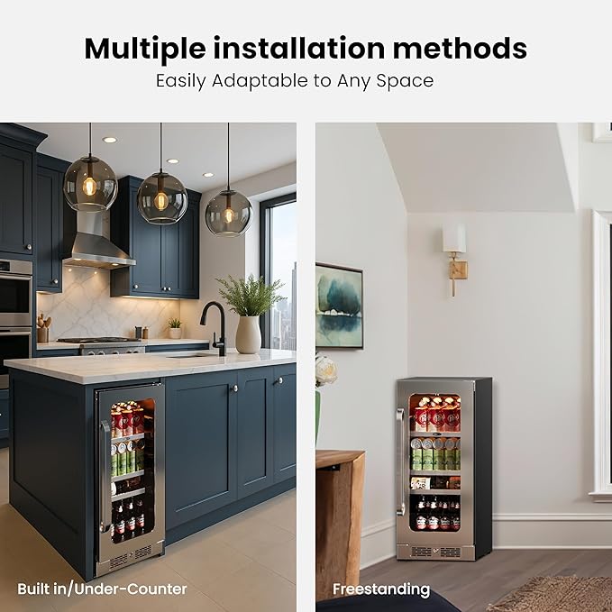 Whynter Beverage Refrigerator 15 inch Drink Fridge with Glass Door Beverage Fridge Cooler 80 Can Under Counter Built in Freestanding Fridge 34-54°F for Soda Beer Home Bar Luxury Series