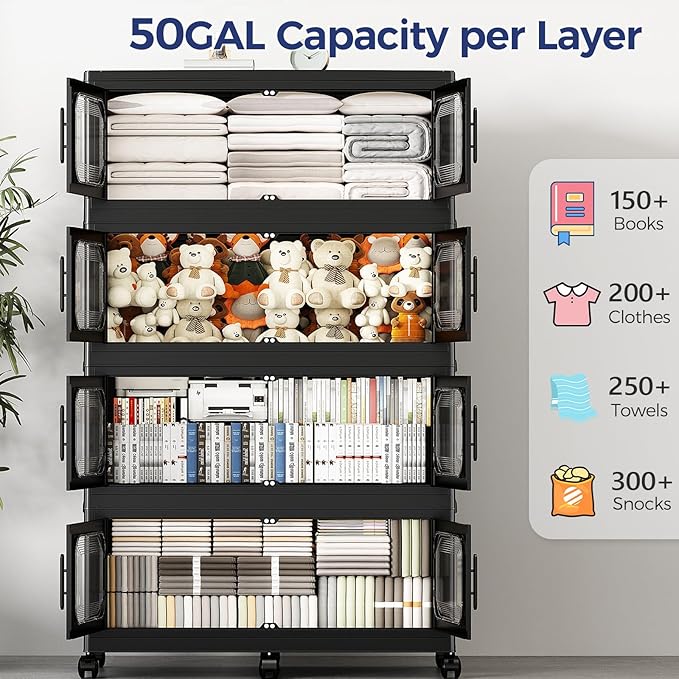 250 Gallon Extra Large Storage Bin with Lid and Wheels, Stackable Collapsible Plastic Storage Box with Door, Foldable Organizer for Closet, Kitchen, Office, Living Room, 5 Pack Black