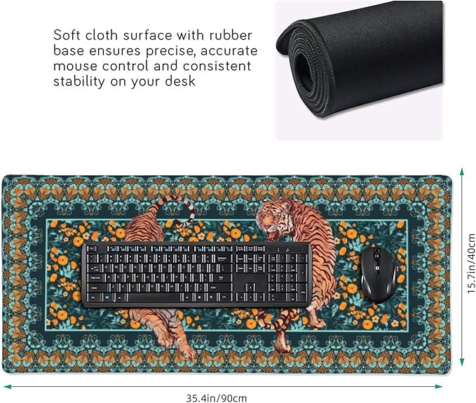 Vintage Floral Tiger Large Mouse Pad, Vintage Aesthetic Gaming Desk Mat, XXL Keyboard Desk Pad Mat for Desktop, 35.4"x15.7" Non-Slip Base Big Mousepad with Stitched Edges