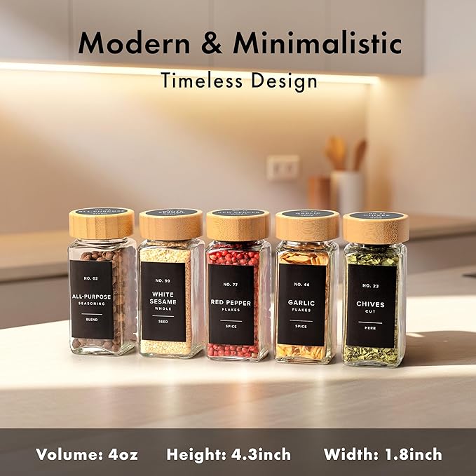 EDELHAUS® Square Spice Jars with Bamboo Wooden Lid (Pack of 24) Spice Jars with Shaker Insert and 240 Labels - Bamboo Lid Glass Container for Spice Organisation [4.3 in × 1.8 in]