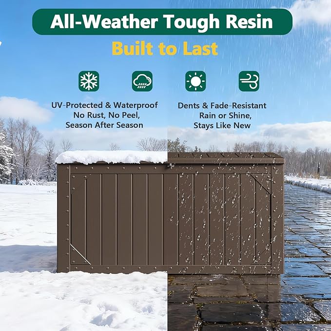 Outdoor Storage Box, 100 Gallon Deck Box Outdoor Storage Bench Outside Waterproof Resin Storage Bench, Lockable Patio Cushions, Garden Tools Storage For Furniture, UV Resistant(Brown)