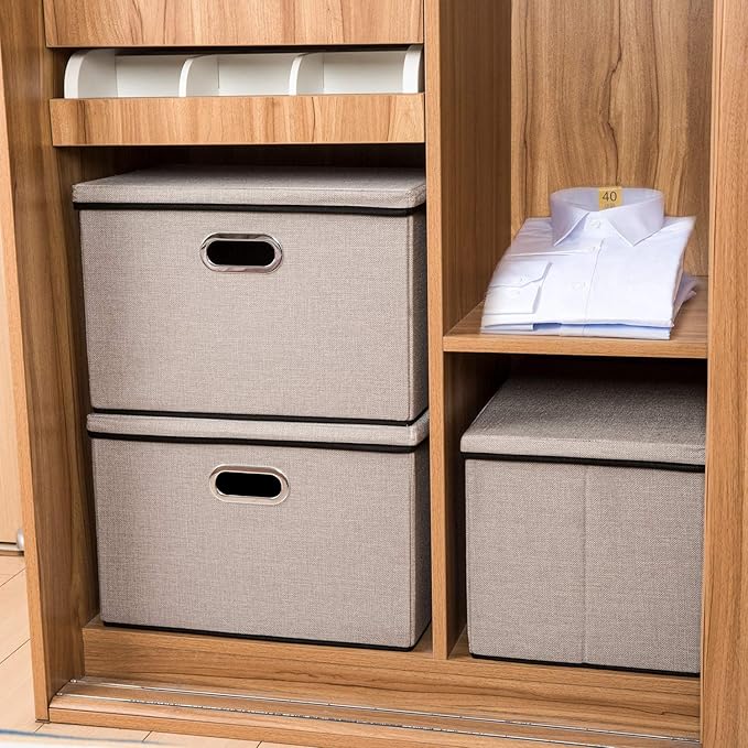 PRANDOM Large Foldable Storage Bins with Lids [5-Pack] linenFabric Decorative Storage Boxes Organizer Containers Baskets Cube with Handles Divider for Bedroom Closet Office Light Grey(17.7x11.8x11.8)