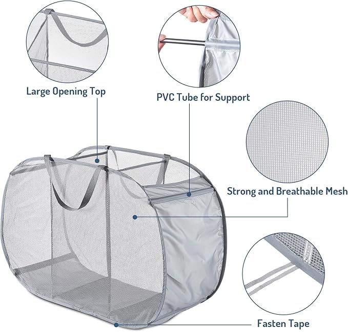 Mesh Popup Laundry Hamper 3 Compartment Sortable Horizontal Collapsible Laundry Basket for Clothes Laundry Room Bedroom Toys Travel (Gray)