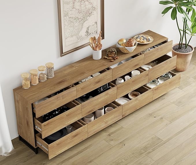 WAMPAT Dresser for Bedroom, Closet Organizers and Storage with 12 Drawers, Chest of Drawers with Metal Base, Modern Wooden Dresser for Living Room, Bedroom, Oak
