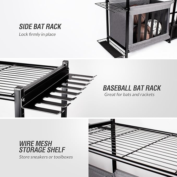Garage Sports Equipment Organizer, Heavy Duty Ball Storage Rack with Baskets & Hooks, Golf Bag Stand for 2 Bags, Outdoor & Indoor Sports Organizer for Kids Toys,Basketball,Football,Gym & Fitness Gear