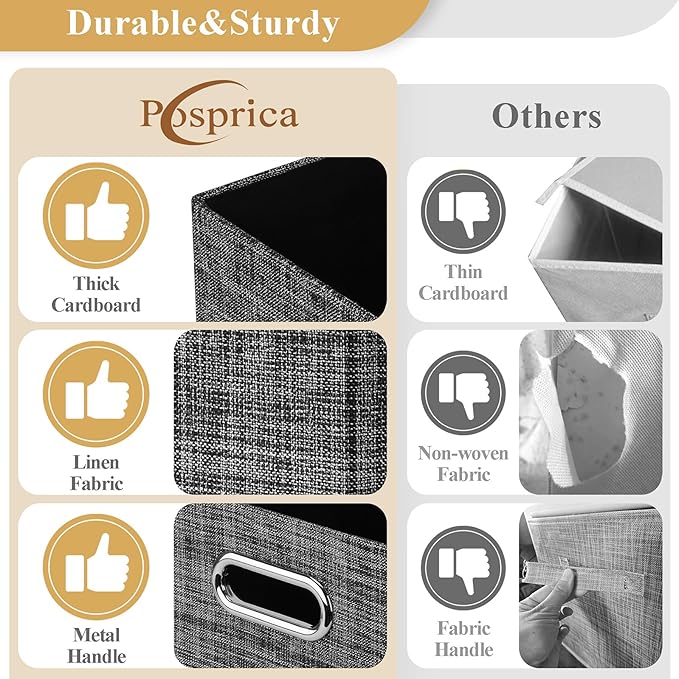 Posprica Closet Storage Bins, 4 Pack Closet Shelf Organizers, Linen Fabric Decorative Storage Baskets for Organizing, Foldable Storage Box for Clothes, Toy, 15x10.5x8.25 Inch (Black)